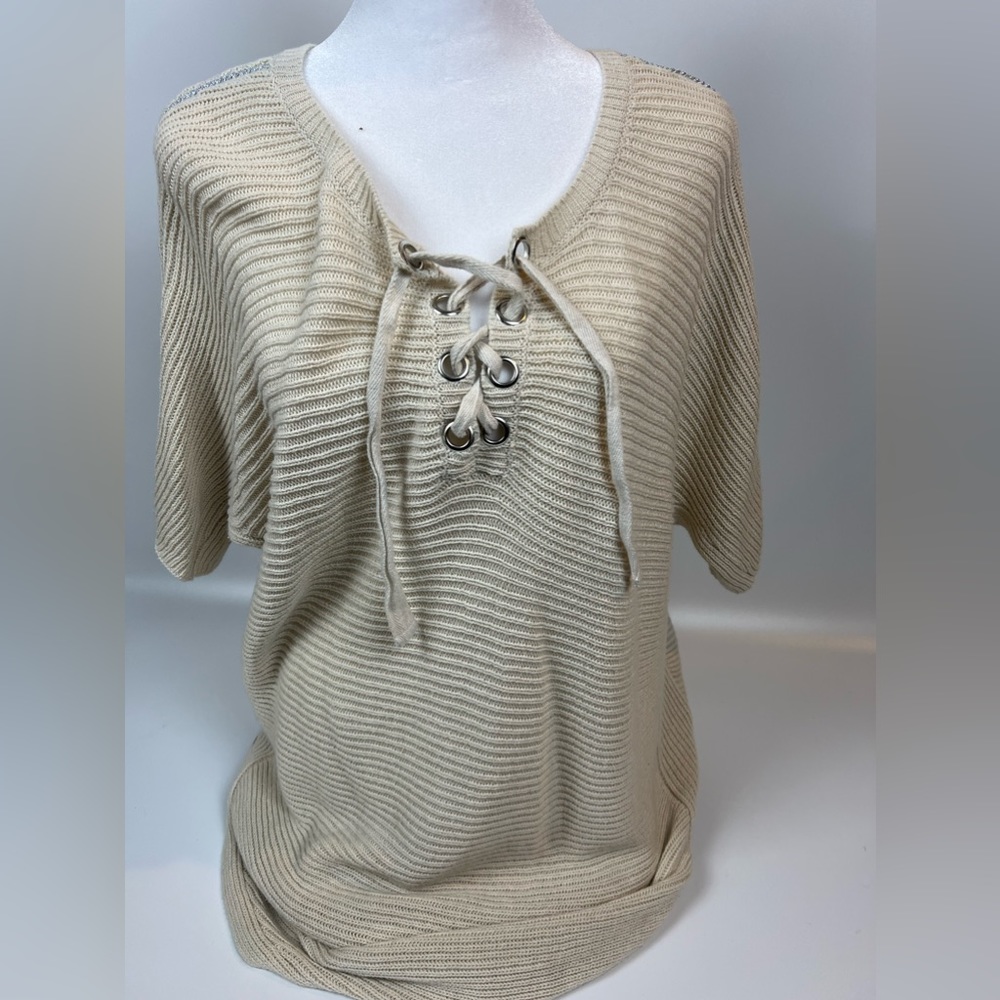 White House Black Market ivory short sleeve sweater. Size L. Silver rope detail